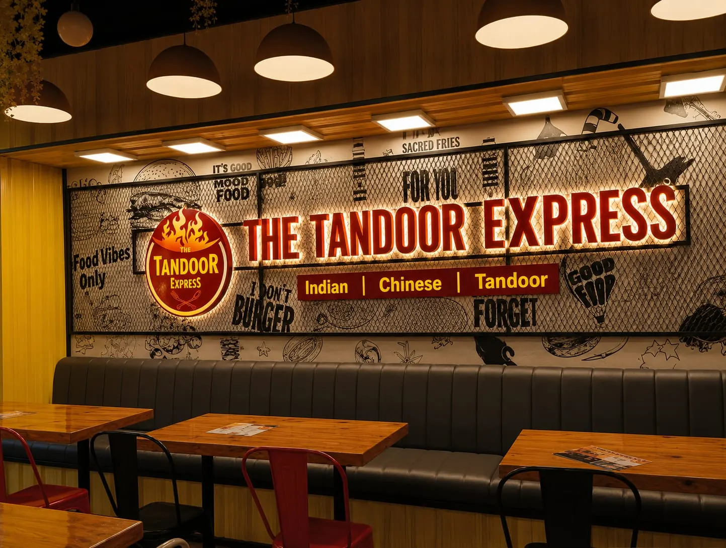 An illuminated THE TANDOOR EXPRESS signage wall above the dining booths