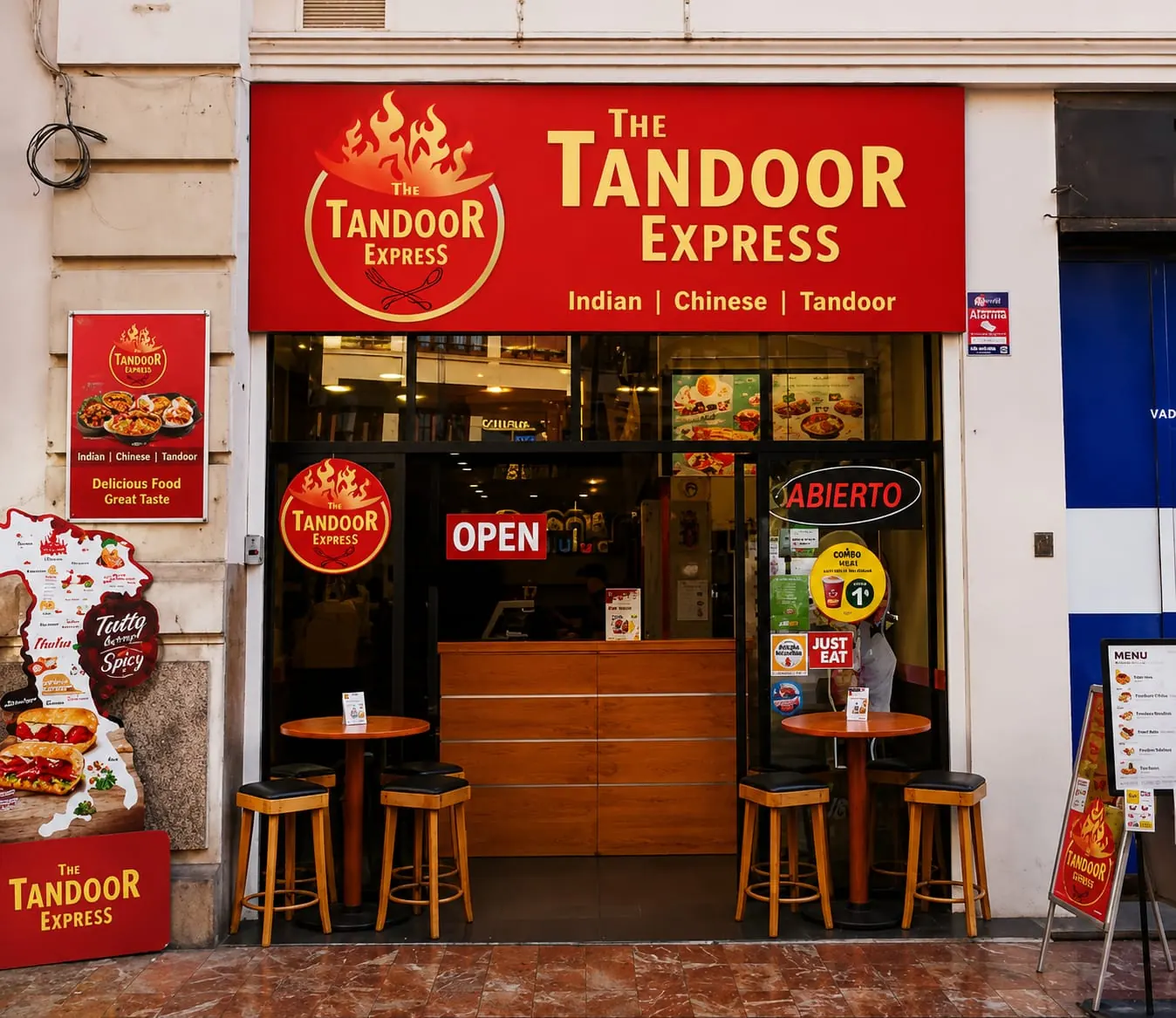A THE TANDOOR EXPRESS storefront with red-and-gold fascia and pavement seating
